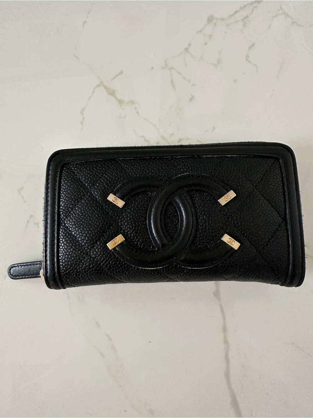 CHANEL Black Quilted Caviar Leather Zip Wallet with Gold Accents